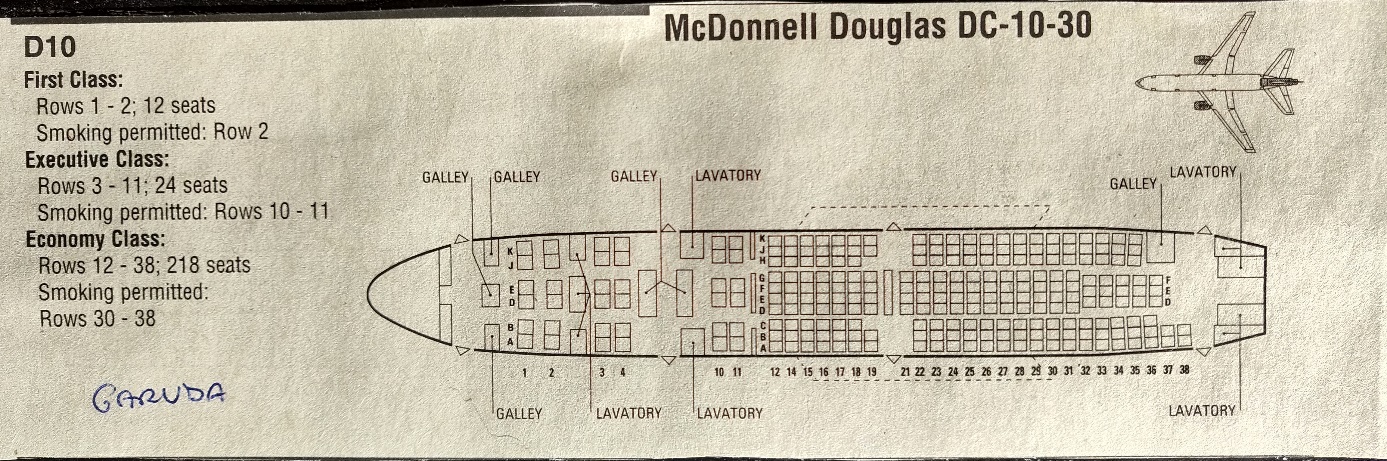 McDonnel Douglas DC-10-30 Garuda cabin seat layout with 10-abreast seating