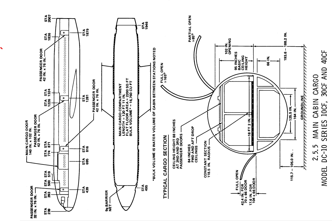 McDonnel Douglas DC-10-30CF main cabin cargo configuration drawing with dimensions