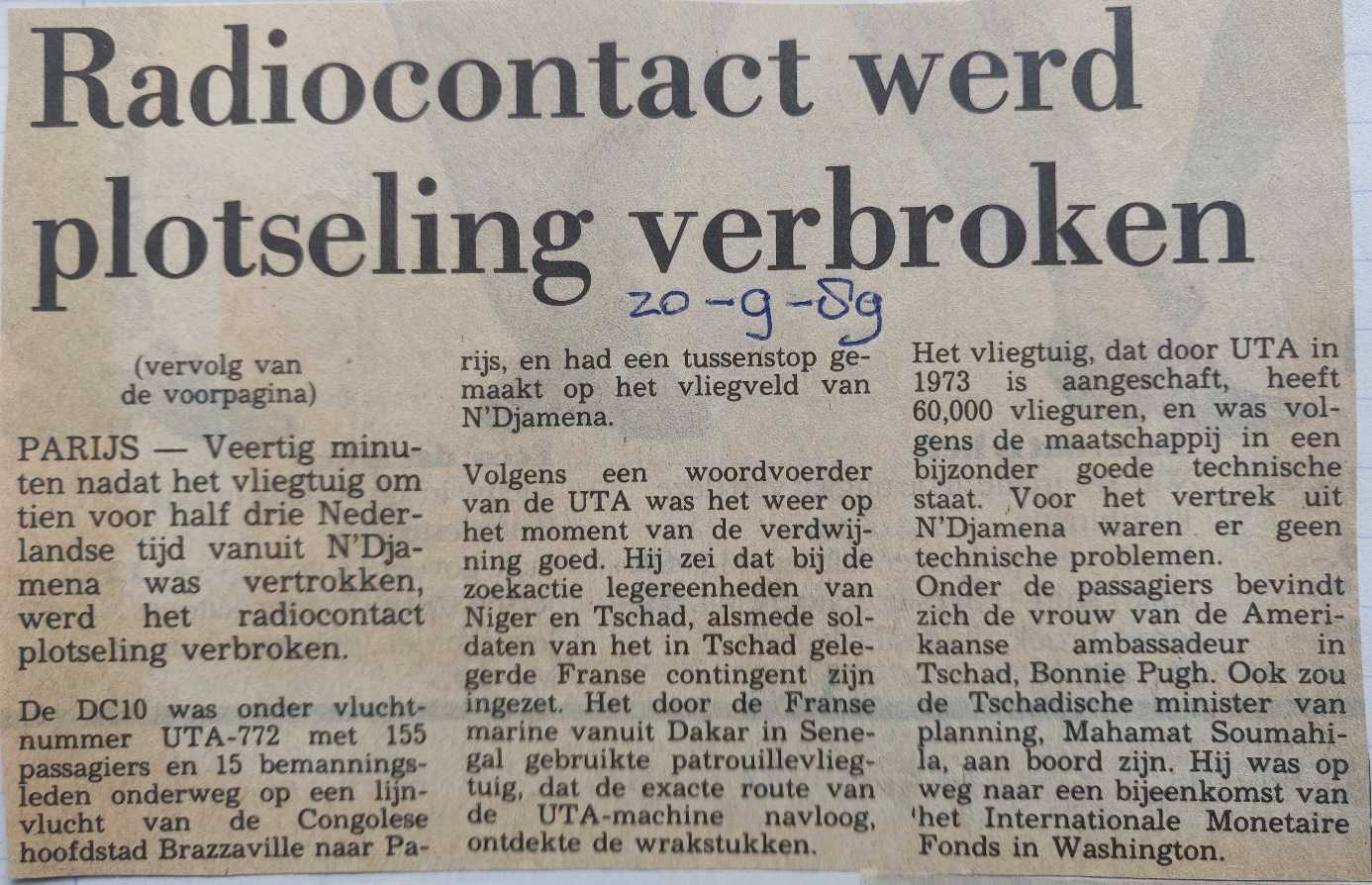 newspaper article 20 September 1989 McDonnel Douglas DC-10-30 UTA air disaster in Niger radio contact was suddenly lost