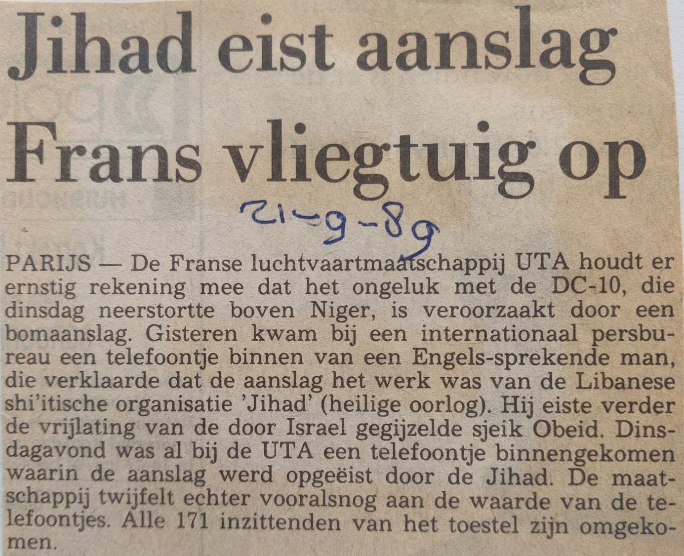 newspaper article 21 September 1989 McDonnel Douglas DC-10-30 UTA air disaster in Niger, bomb attack claimed by Jihad