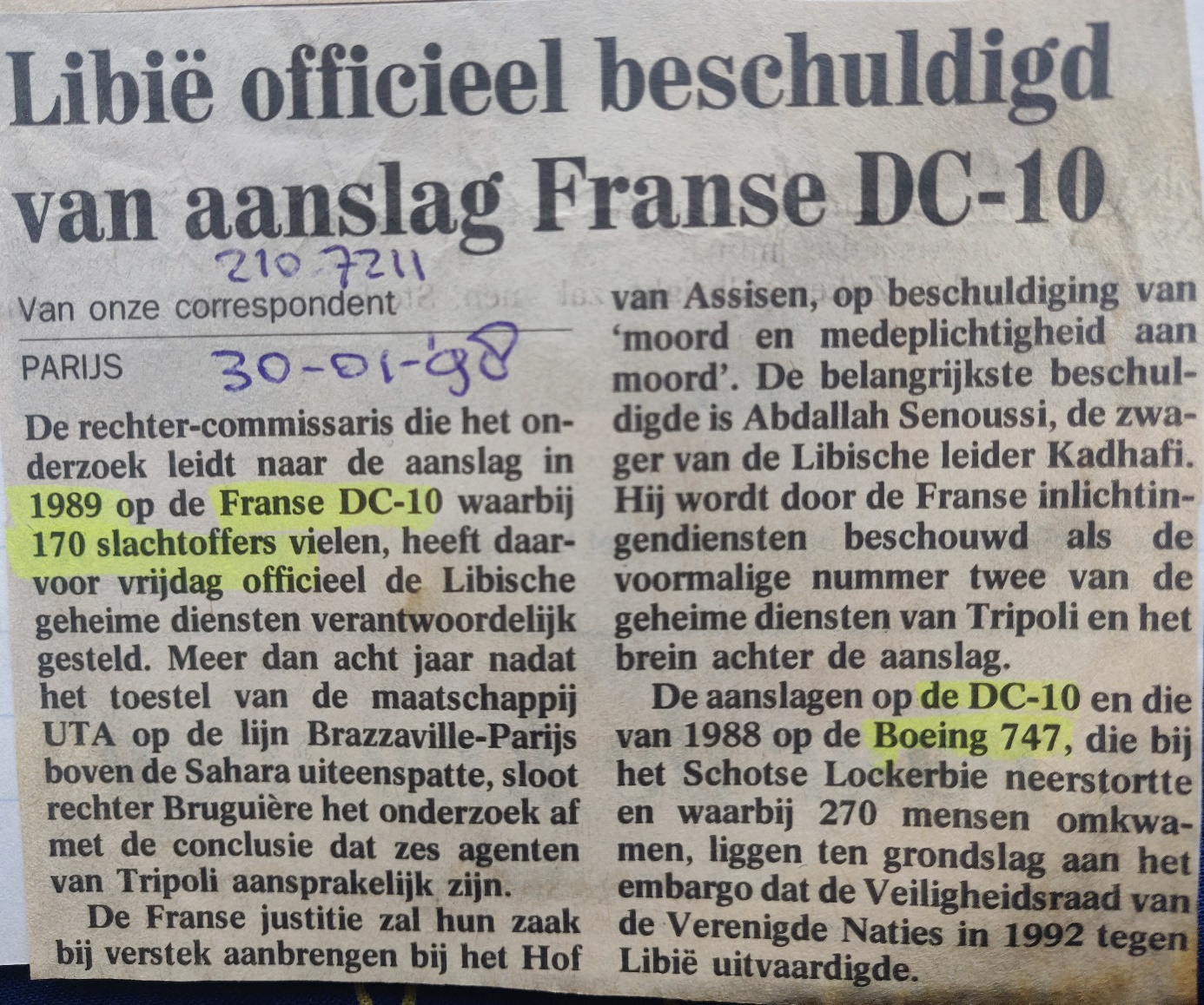 newspaper article 30 January 1989 McDonnel Douglas DC-10-30 UTA air disaster in Niger | Libyan secret service responsible