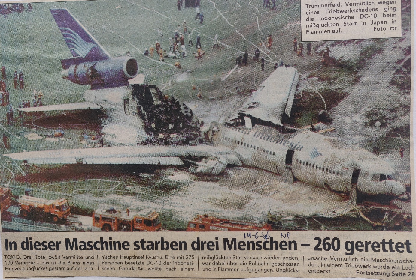 newspaper article 14 June 1996  |  McDonnel Douglas DC-10-30 Garuda PK-GIE take-off accident | photo burned out DC-10 wreckage