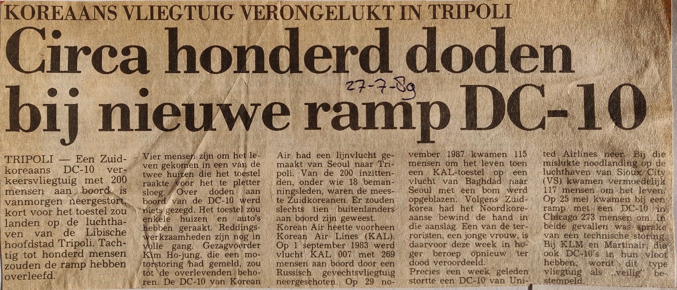 newspaper article 27 July 1989 McDonnel Douglas DC-10-30 air disaster in Tripoli