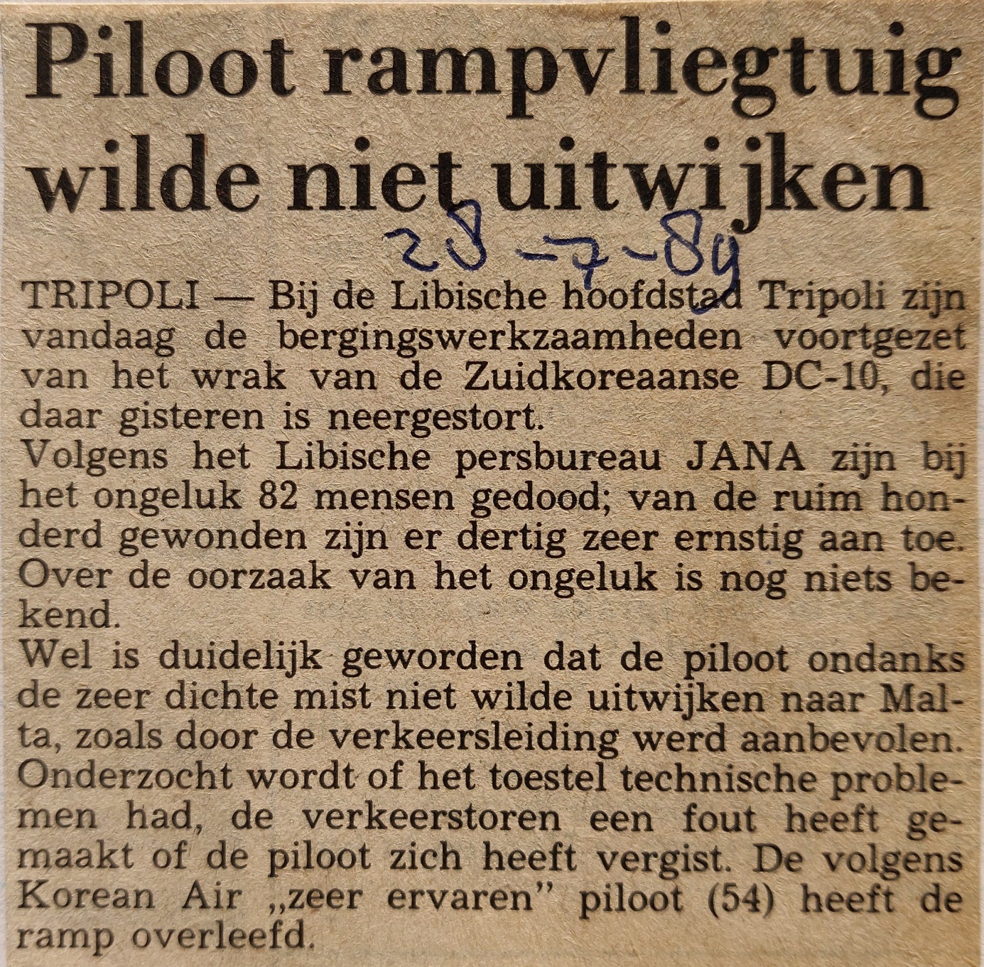 newspaper article 28 July 1989 McDonnel Douglas DC-10-30 air disaster in Tripoli