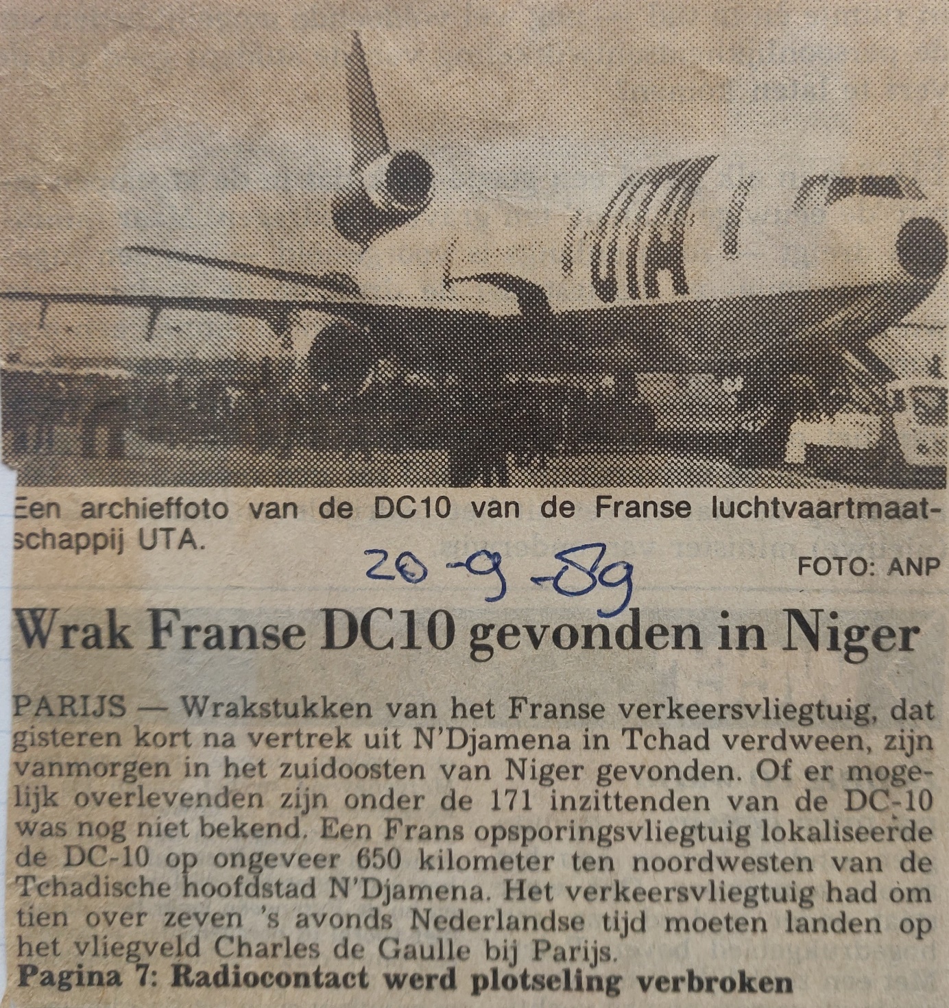 newspaper article 20 September 1989 McDonnel Douglas DC-10-30 UTA air disaster in Niger