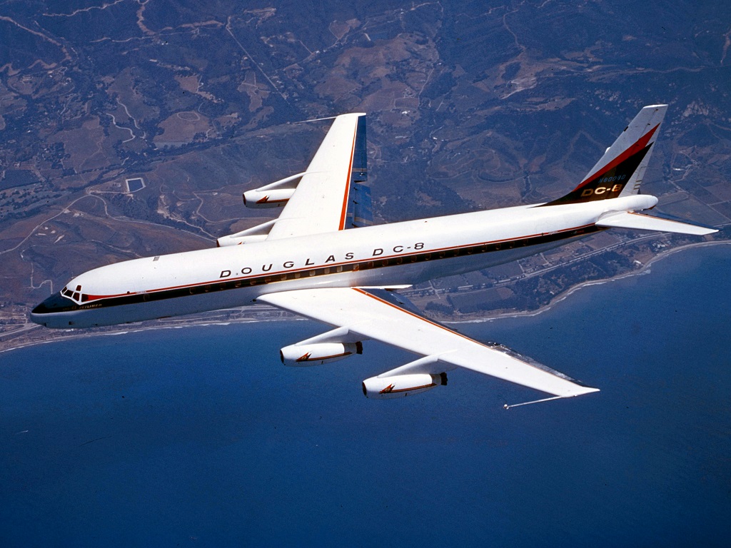 Douglas DC-8 prototype flying over the Californian coast