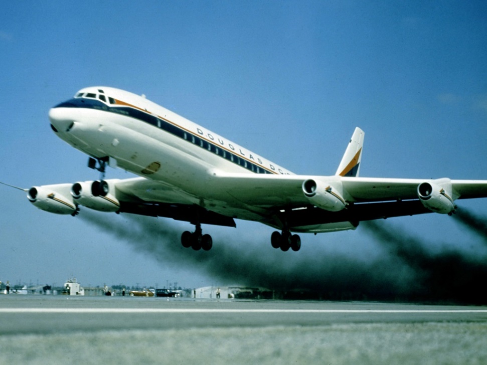 5/30/1958: First Flight of the Douglas DC-8  Airways Magazine | take-off DC-8 with big plumes of smoke