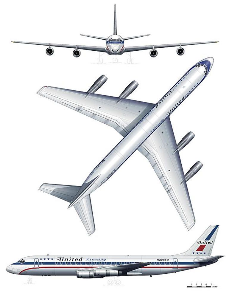 United Airlines DC-8-52 3-side view drawing | N8065U