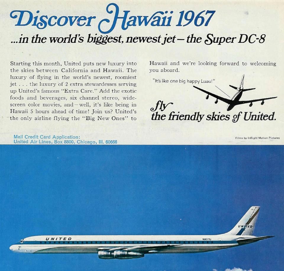 United Airlines Super DC 8 Service to Hawaii 1967 | Vintage airline ads,  Vintage aircraft, Vintage airlines