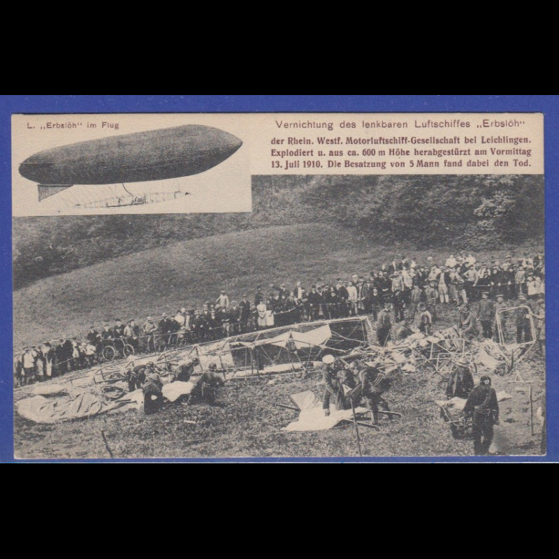 Original alte Zeppelin-Postkarte Vernichtung des Luftschiffes Erbslh 1910  RRR  Tilman Dohren Philatelie