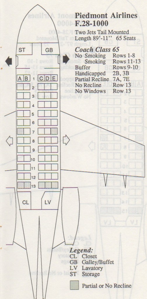 Vintage Airline Seat Map: Piedmont Airlines Fokker F28-1000 - Frequently  Flying