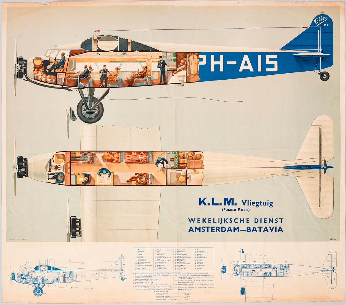 KLM Vliegtuig (Fokker F XVIII). Wekelijksche dienst Amsterdam-Batavia [KLM  Plane (Fokker F XVIII). Weekly Service Amsterdam-Batavia] - Emmanuel  Gaillard (French, b. 1902)  Google Arts &amp; Culture