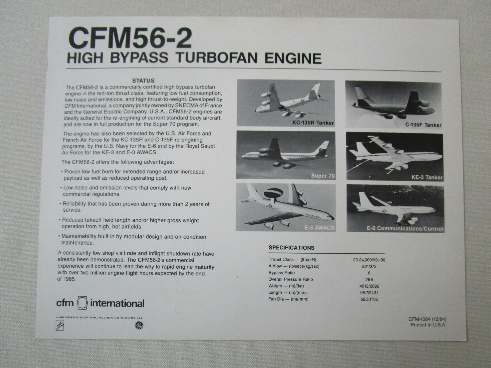 Document general electric snecma cfm56-2 high bypass turbofan engine | eBay