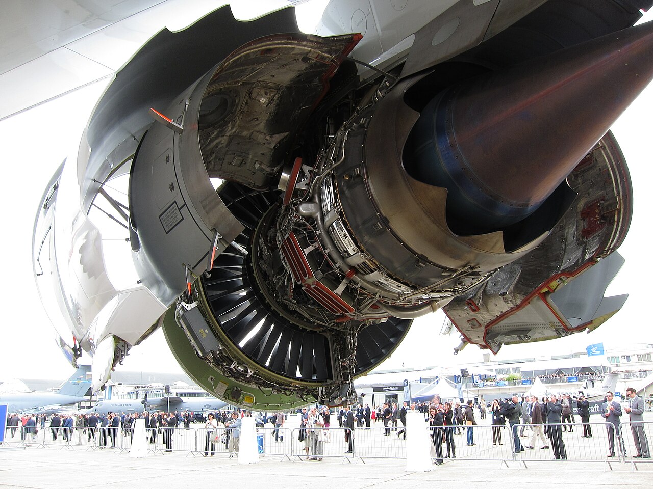 General Electric GEnx-2B67 turbofan engines with cowlings opened 