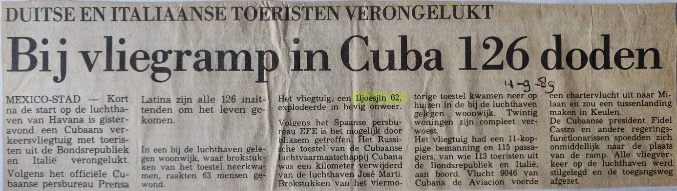 Ilyushin Il-62M | newspaper artikel 4 September 1989 | Cubana crash in Cuba 