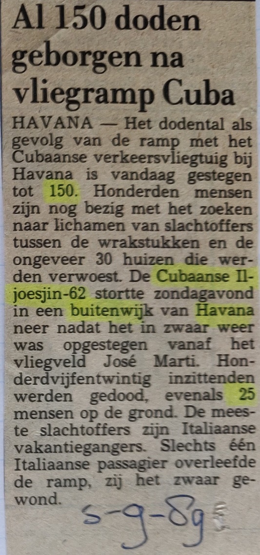 Ilyushin Il-62M | newspaper article 5 September 1989 | Cubana crash Cuba