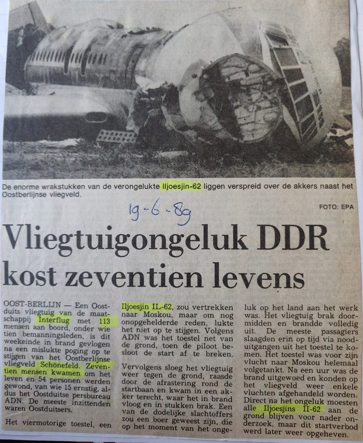 Ilyushin Il-62M | Interflug | DDR-SEW | newspaper article with picture of crash site | 19 June 1989