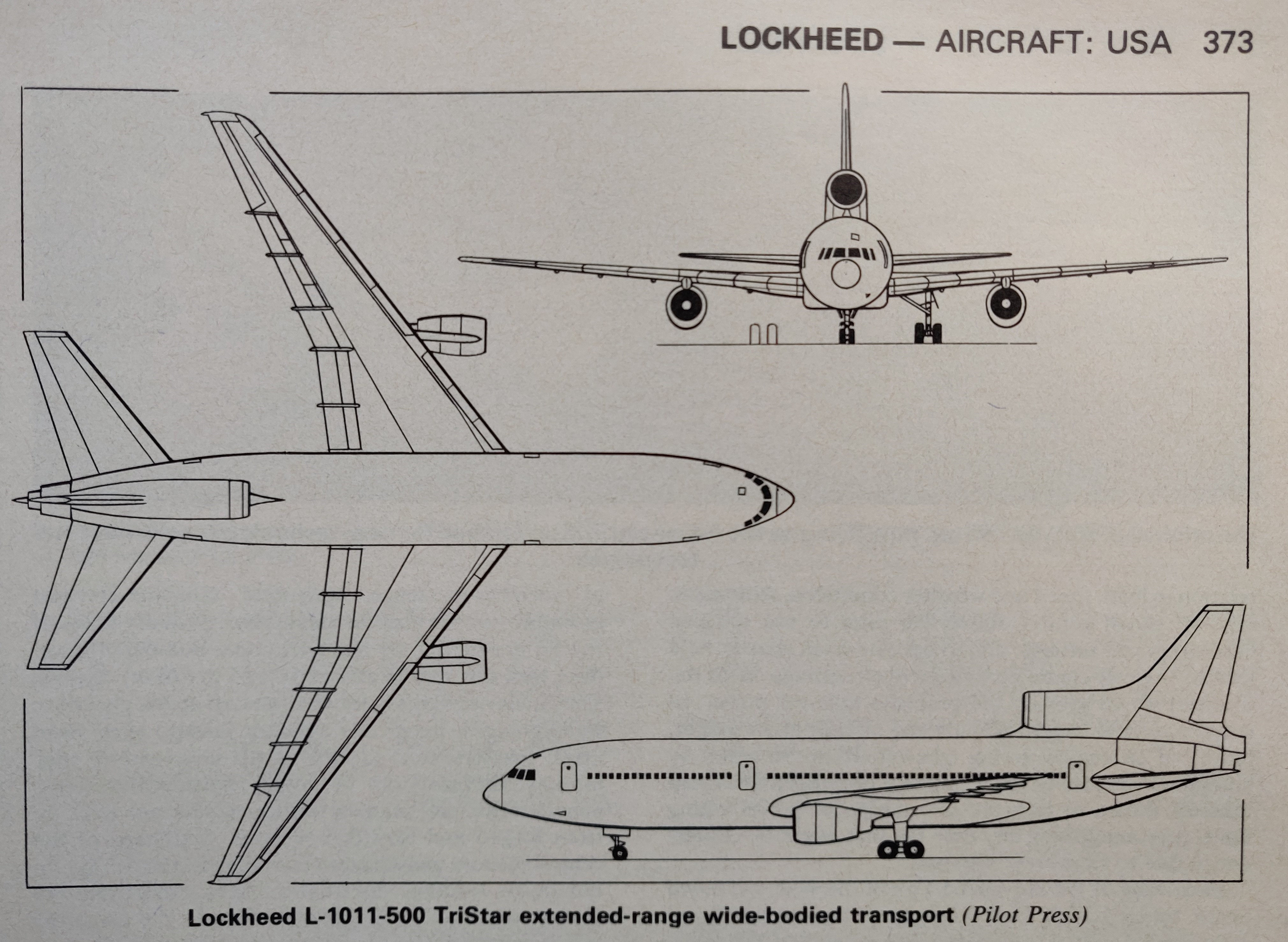 Lockheed L1011-500 3-side view scale drawing