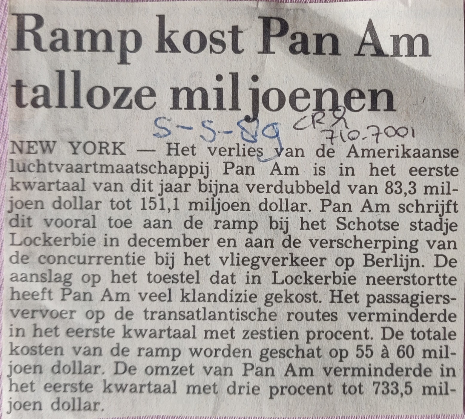 Boeing 747-100 PanAm Lockerbie disaster newspaper article 05 May 1989