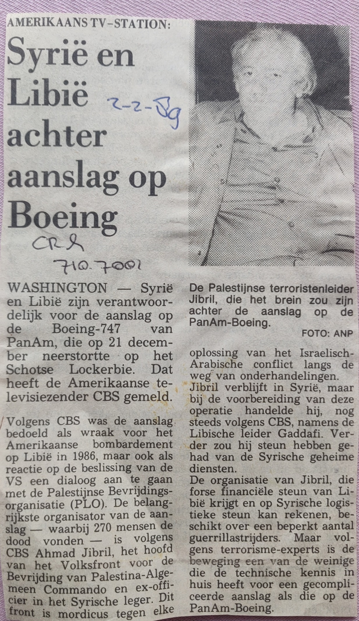 Boeing 747-100 PanAm Lockerbie disaster newspaper article 02 feb 1989 CBS points to Libya