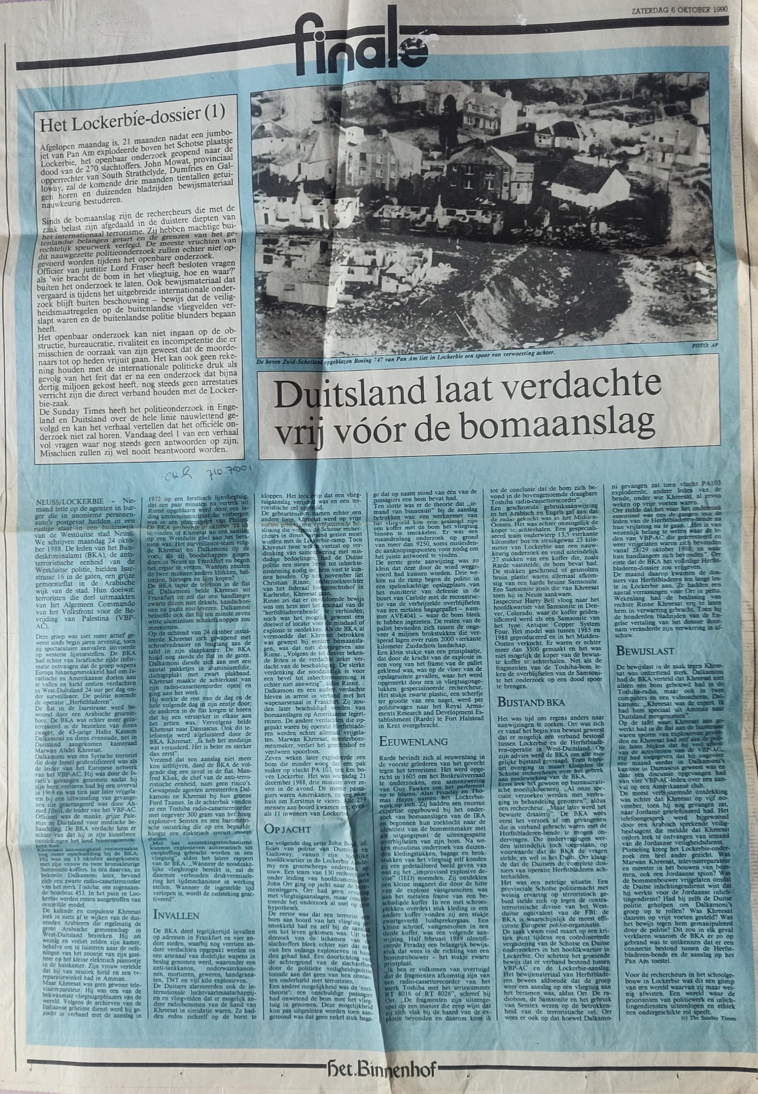 Boeing 747-100 PanAm Lockerbie disaster newspaper article dossier I 06 oktober 1990