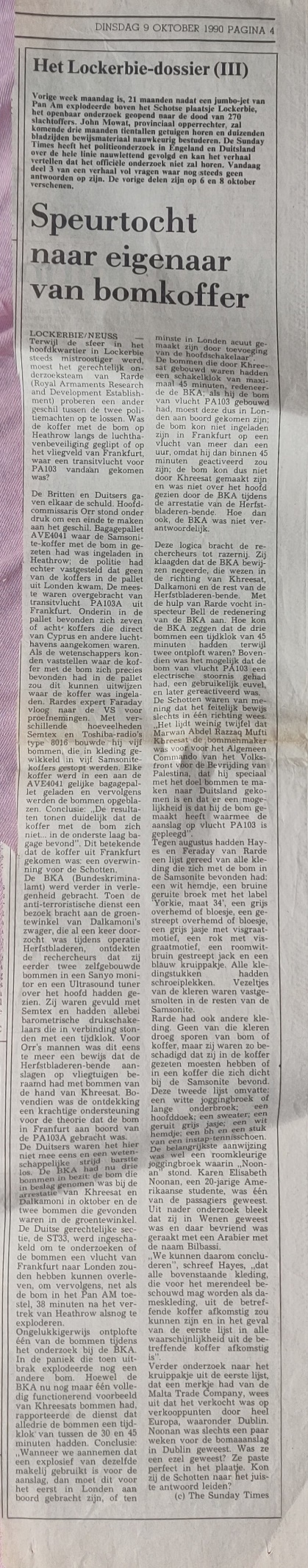 Boeing 747-100 PanAm Lockerbie disaster newspaper article newspaper article dossier III 09 October 1990