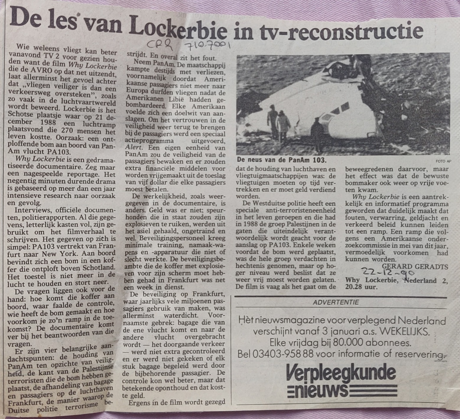 Boeing 747-100 PanAm Lockerbie disaster newspaper article 22 dec 1990