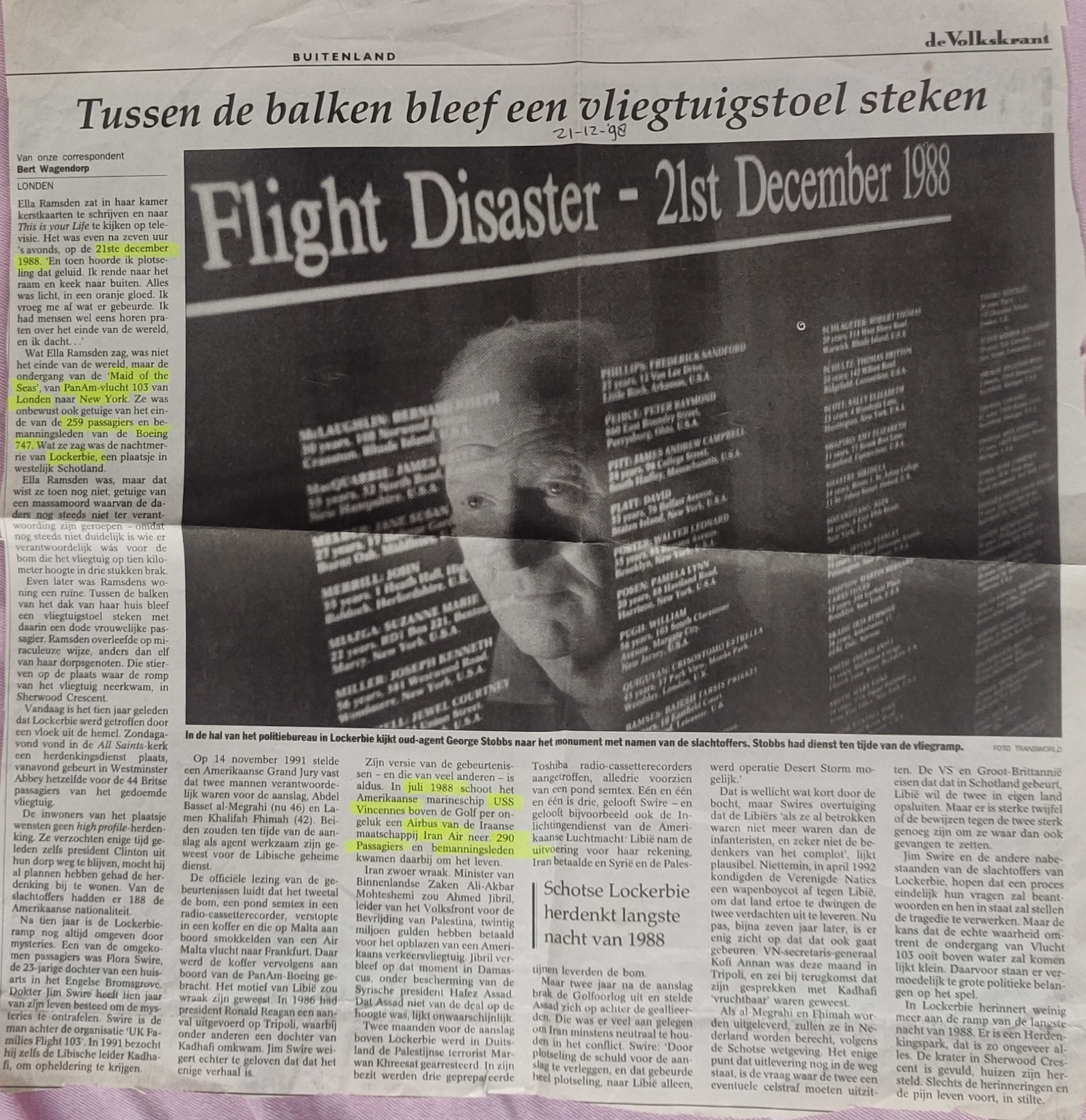 Boeing 747-100 PanAm Lockerbie disaster newspaper article 21 dec 1998