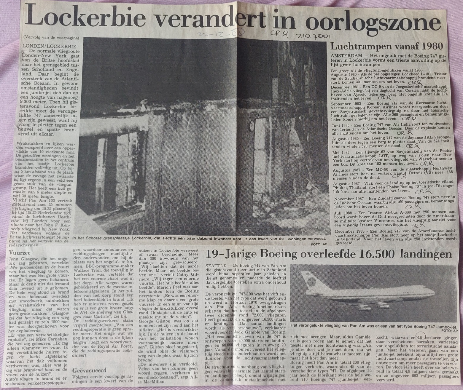 Boeing 747-100 PanAm Lockerbie disaster newspaper article 22 dec 1988