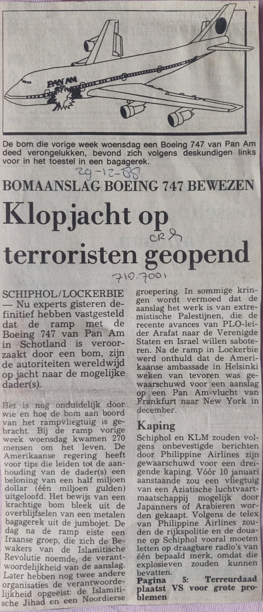 Boeing 747-100 PanAm Lockerbie disaster newspaper article 29 dec 1988 terrorist attack proven