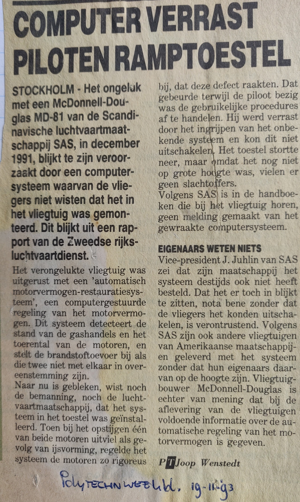 McDonnel Douglas MD-81 | newpaper article Polytechnisch weekblad 19 November 1993 regarding MD-81 crash landing December 1991