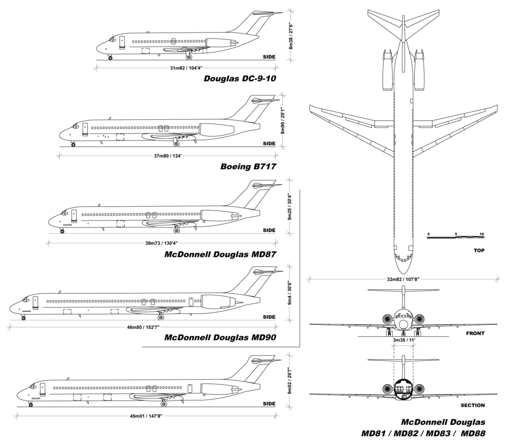 McDonnel Douglas MD-88 3-side view drawing