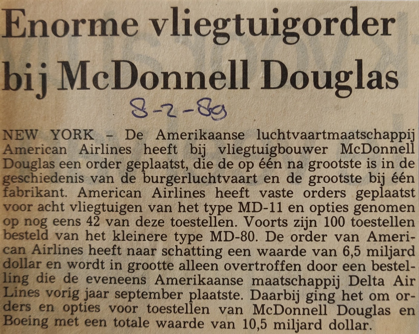 McDonnel Douglas MD-11 newspaper article order American Airlines