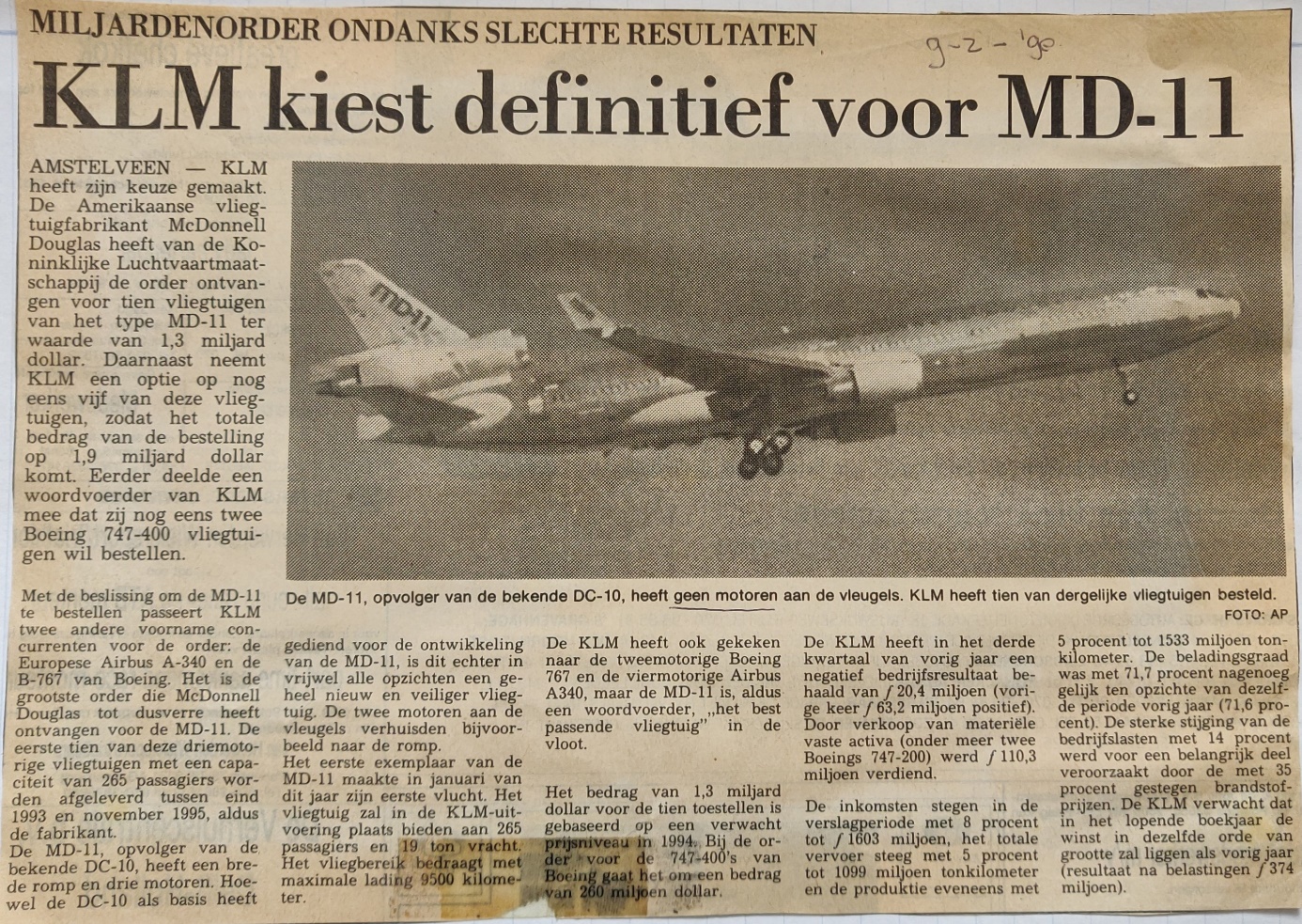 McDonnel Douglas MD-11 newspaper article order KLM