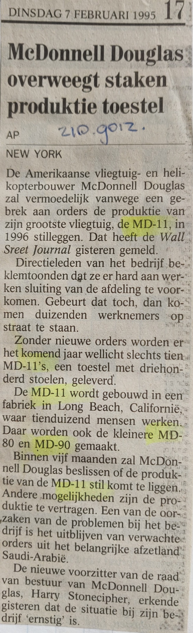 McDonnel Douglas MD-11 newspaper article 7 Februari 1995 terminating production