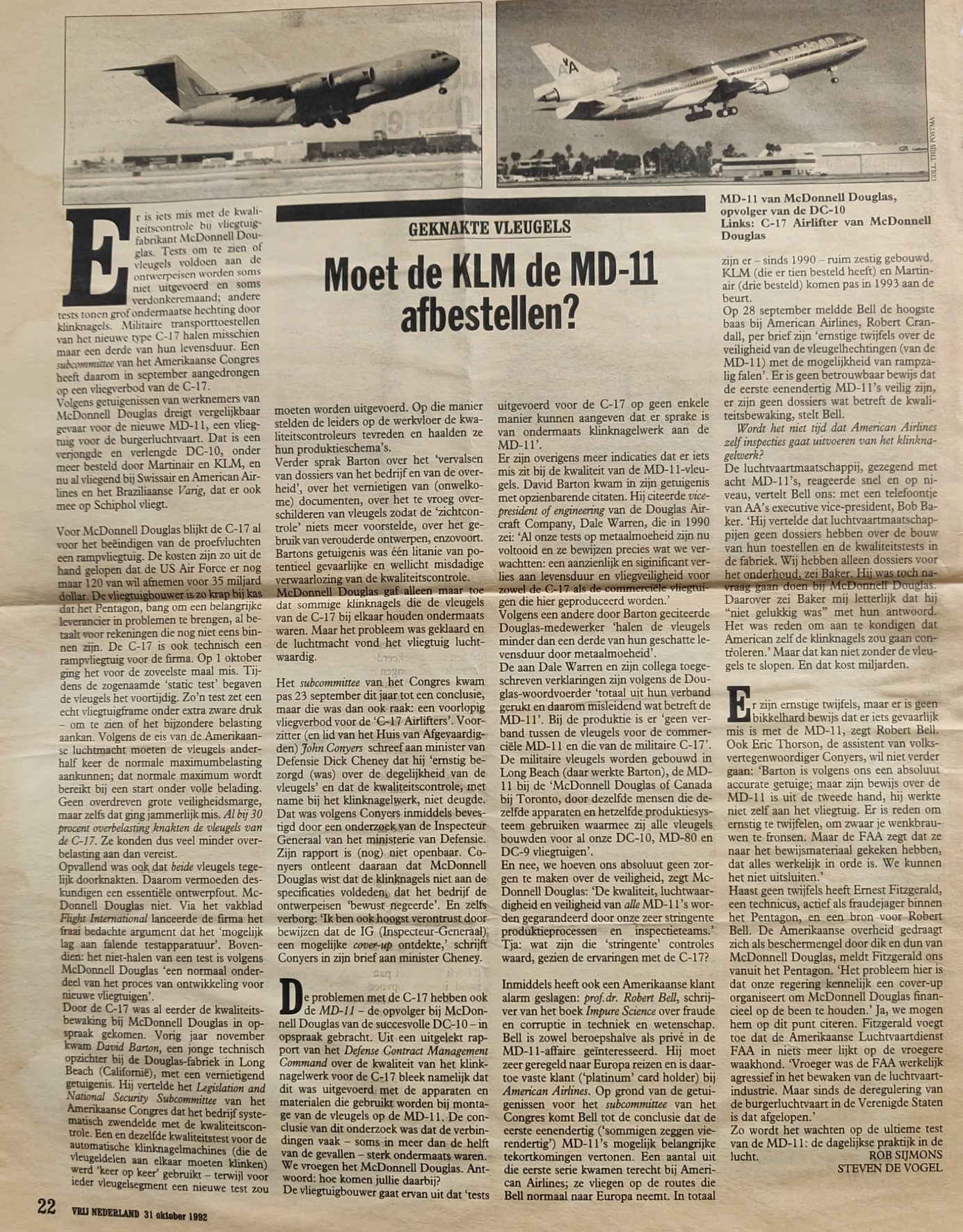 McDonnel Douglas MD-11 newspaper article 31 Oktober 1992 "Should KLM cancel MD-11 order ?"