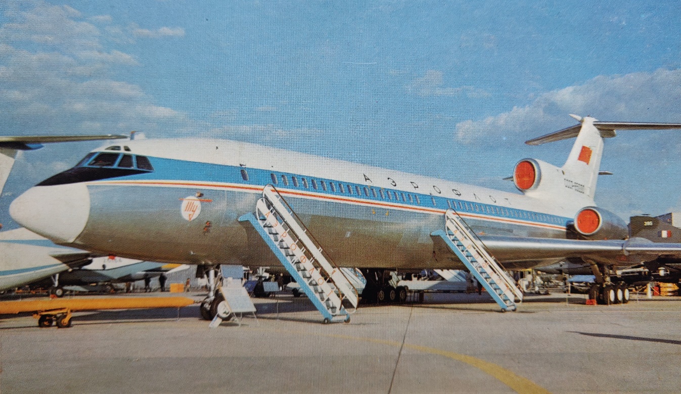 Early production Tupolew Tu-154 on display at an airshow in the seventies in sunny weather 