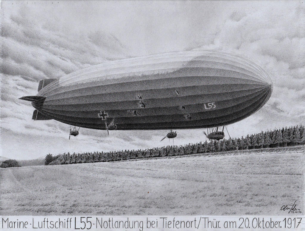 Drawing of Zeppelin LZ101 L55 making a crash landing near Tiefenort, Thuringen Germany on 20 October 1917.