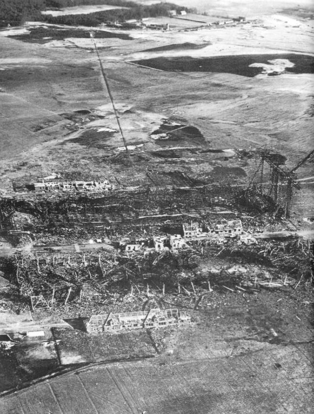 Aerial photo of the burned Zeppelin sheds at Ahlhorn, January 1918