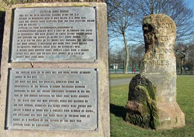 milestone and memorial at Bold, Lancashire beside the A.57 it was damaged 12 April 1918 by bombs dropped from Zeppelin LZ106 L61