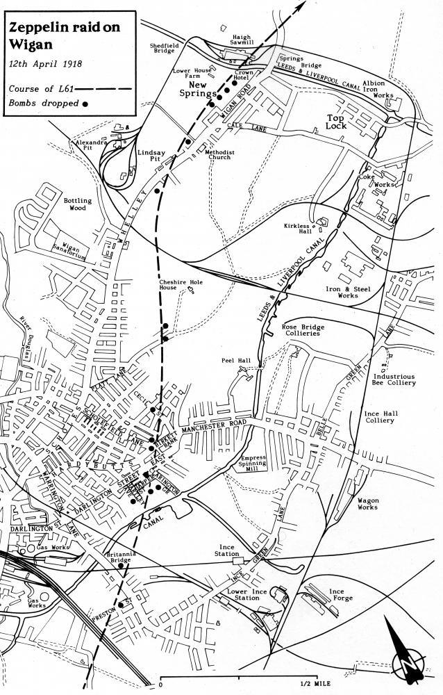 map of Wigan with the course of Zeppelin LZ106 L61 and locations of bombs dropped 12 April 1918