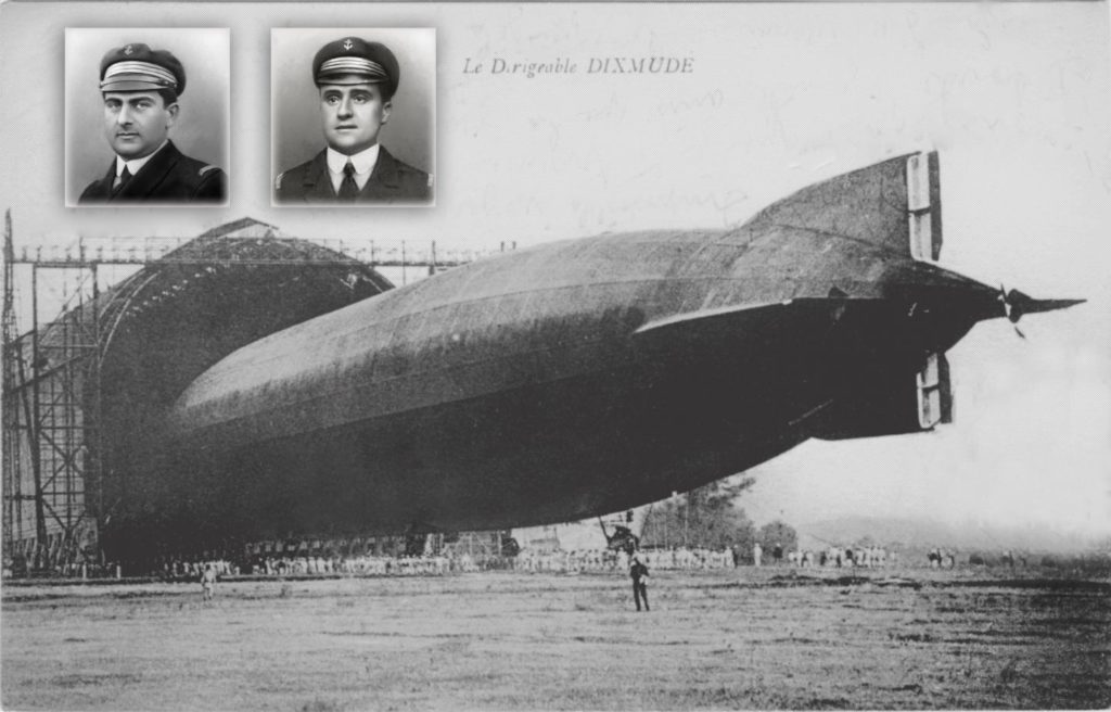 Zeppelin LZ114 L72 Dixmude hovered into its hangar, with portrait of commander Jean du Plessis de Grenedan