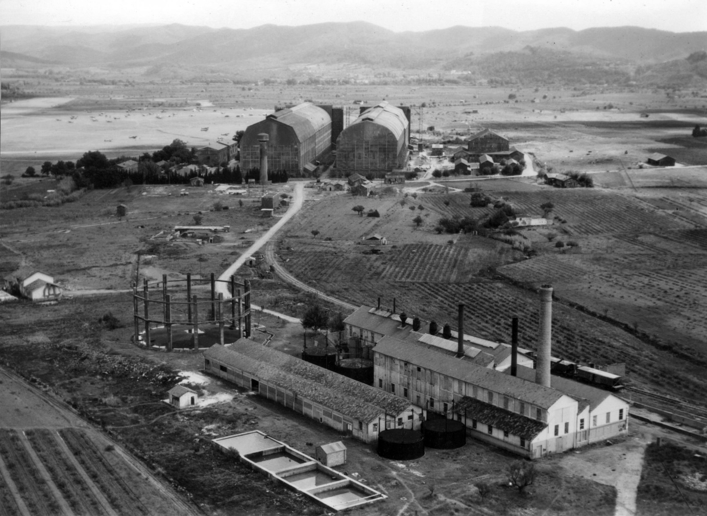 Aerial picture of Cuers-Pierrefue naval air base in September 1944 with the airship sheds in the background.