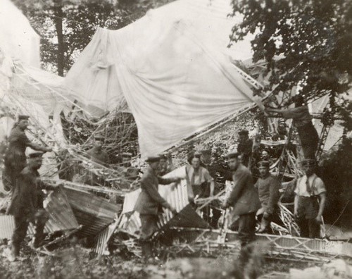 Zeppelin LZ35 German soldiers dismanteling the wreckage of the crashed Zeppelin at Aalterbrug