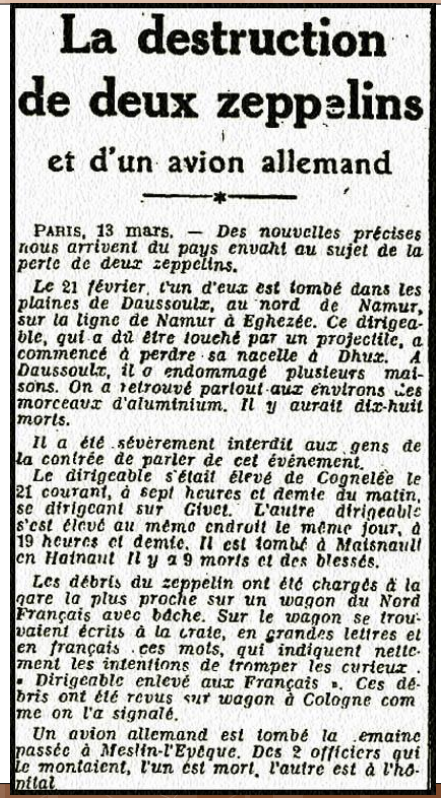 France newspaper article about the loss of two German Zeppelins on 21 February 1916