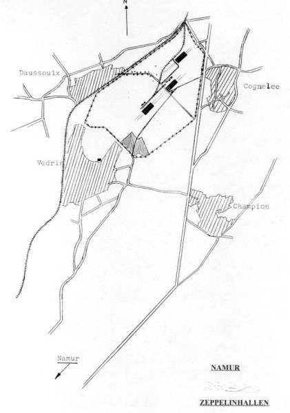 map of Dassoulx and Cognelee showing the locations of the WWI Zeppelin sheds