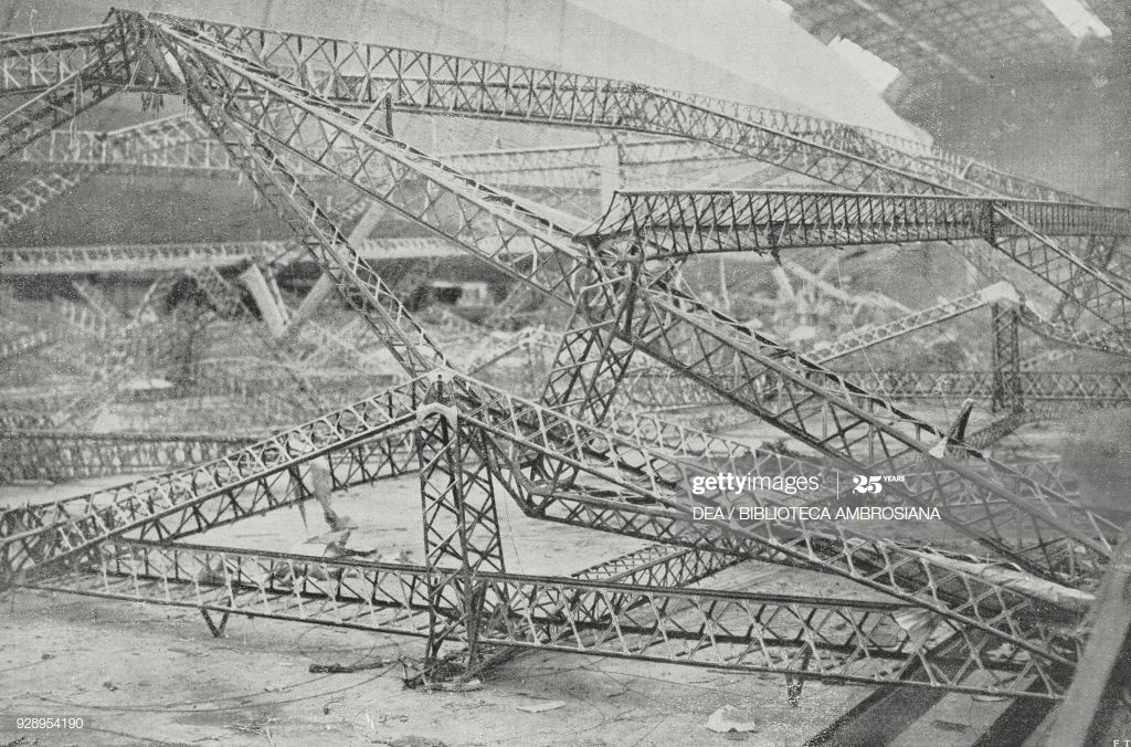 Wreckage of the burned out Zeppelin LZ 69 in its hangar