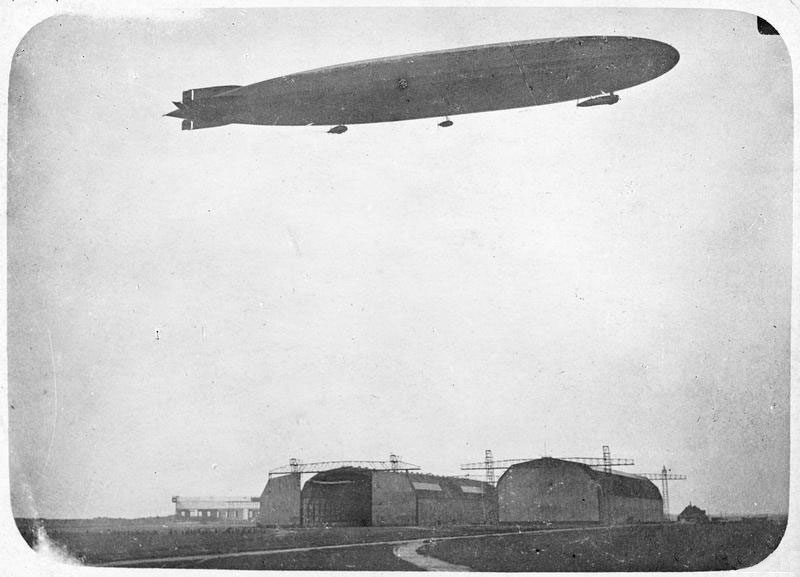 Zeppelin LZ85 L45 flying over the Zeppelin sheds Toni and Tobias at Tonder, Denmark