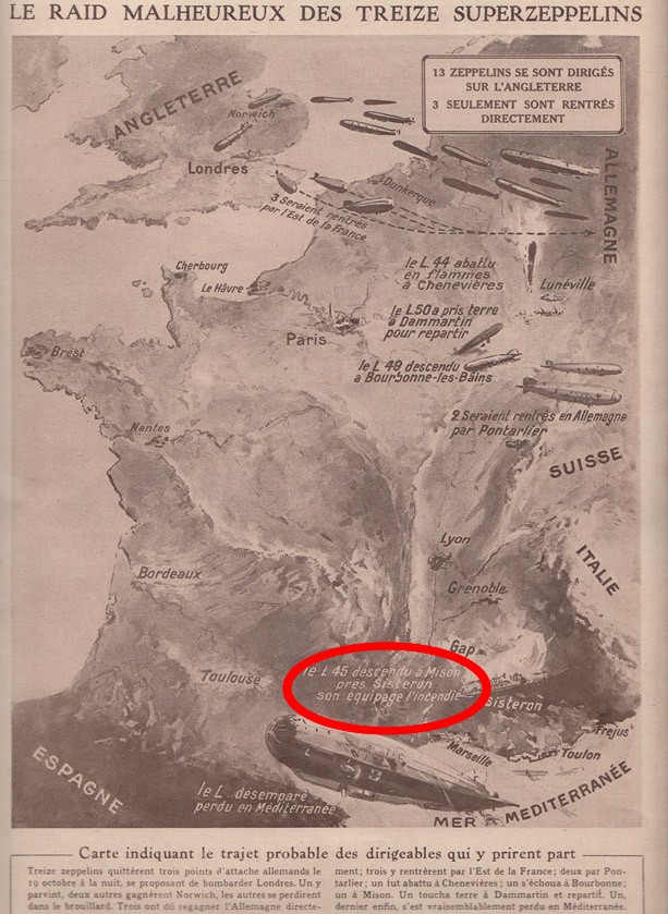 Map depicting le raid malheuereux des treize superzeppelins, 20 October 1917