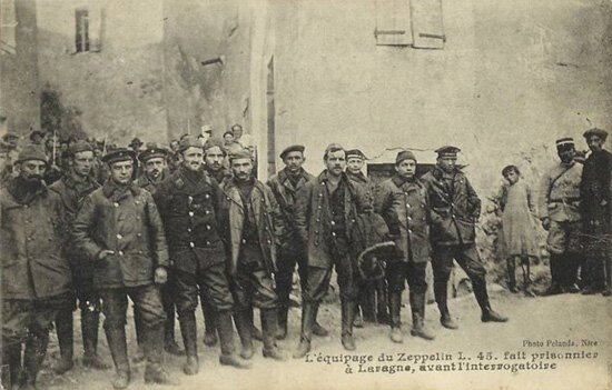 crew of Zeppelin LZ85 L45 taken prisoner and posing before the camera in the village of Laragne